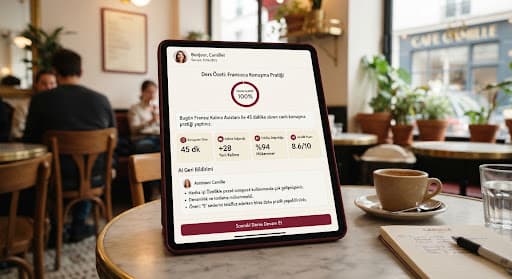 Bir kafe masasında kruvasan, kahve ve açık bir çalışma defteri